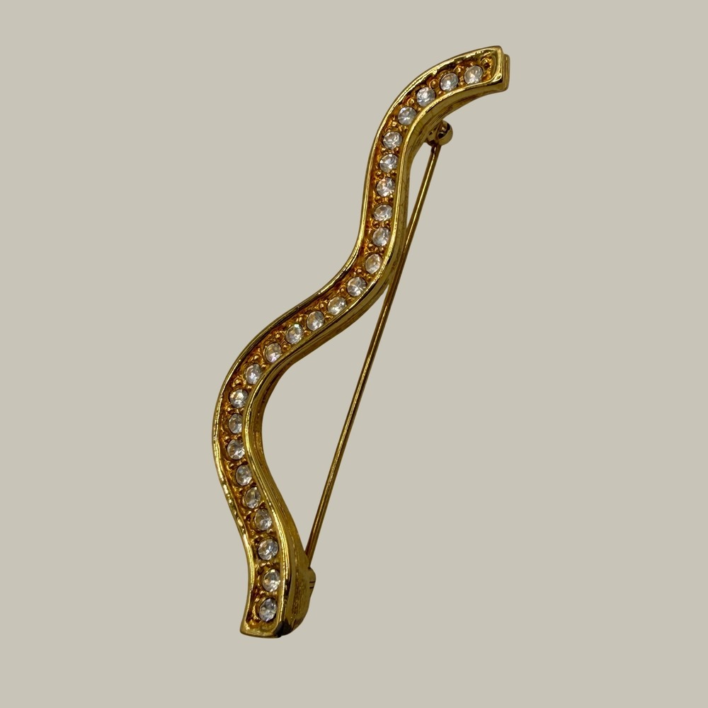Vintage Gold Tone Clear Rhinestone Wavy S Curve Brooch Pin Elegant Statement
